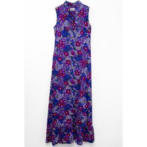 Hukilau Fashions Sleeveless Barkcloth Floral Dress 60s 70s Vintage Purple Blue